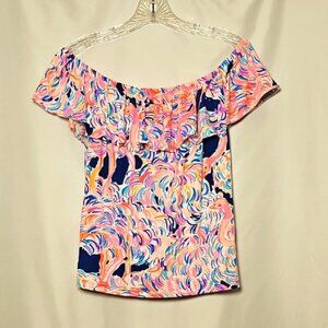 Lilly Pulitzer Womens Soft Flowy Pink Blue Sleeveless Off Shoulder Ruffle Top S